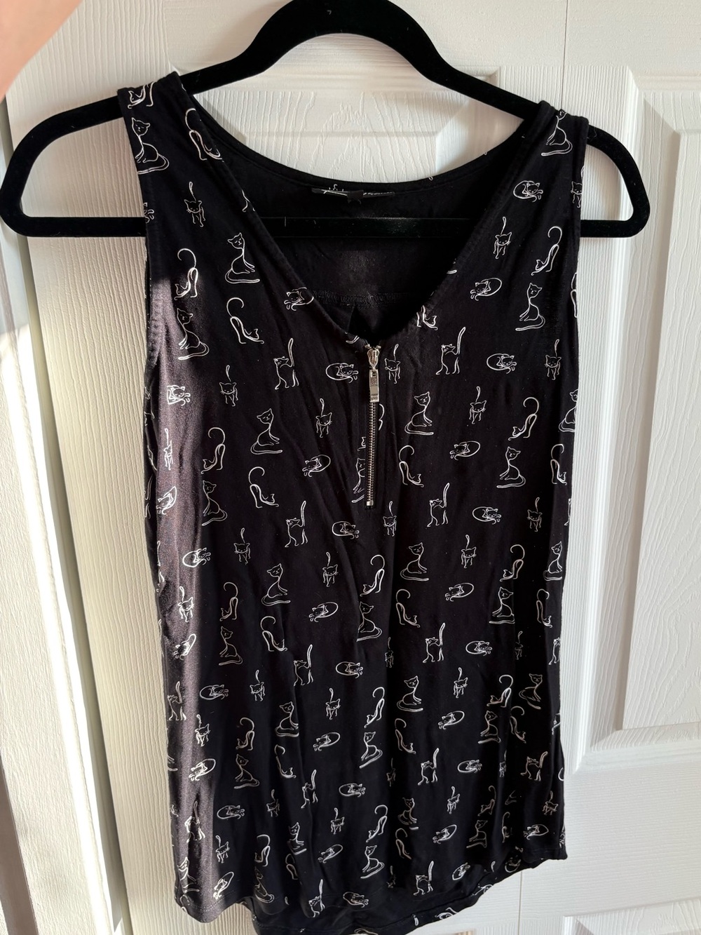Black Cat Print Zip Front Tank Top